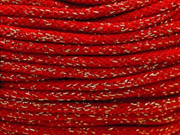 Loose braided cotton cord with cotton core with gold thread 3mm - 1000m - Red